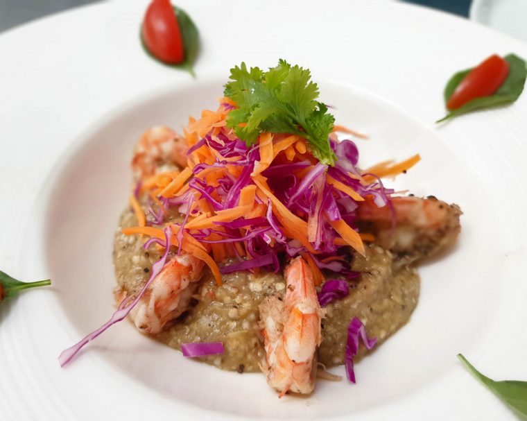 Aubergine med tigerrejer